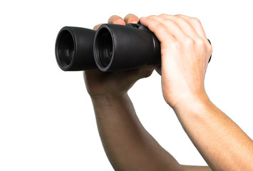 Hand holding Binoculars over isolated white background