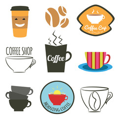 Vector set of badges, logos and labels for coffee shops, cafes and restaurants. Cup of coffee, coffee beans and coffee to go