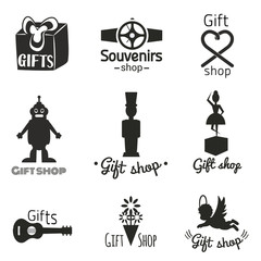 Vector set with toys, gifts and souvenirs icons. Music box with ballerina, guitar, bouquet of flowers, angel, robot toy, soldier, heart shape bow