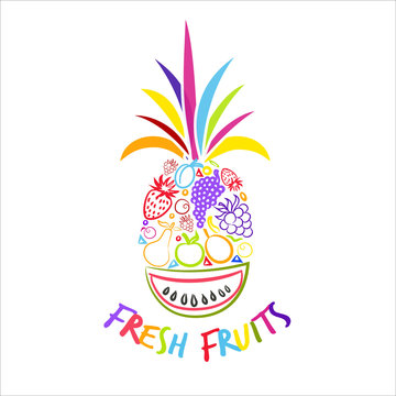 Vector illustration with fresh fruits painted inside the pineapple. Template of emblem, logo, label. Watermelon, grape, pineapple, strawberry, pear, cherry and berries.