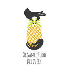 Vector emblem, logo and label with hands holding pineapple. One hand give pineapple to other hand - concept of good delivery service