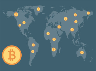 Bitcoin concept,CoinsBitcoin concept,Coins spread around on background map world.vector Illustrator