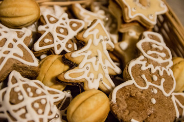 Christmas composition. Christmas gingerbread Flat lay, top view, square