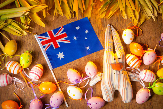 Easter In Australia. Rabbits Keep The Flag Of Australia. The Feast Of Easter. Eggs And Rabbits.