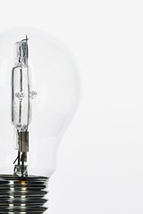 Detail of halogen light bulb with vertically oriented internal element, Edison screw E27, light background