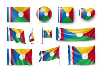 Fototapeta na wymiar Set Reunion flags, banners, banners, symbols, realistic icon. Vector illustration of collection of national symbols on various objects and state signs