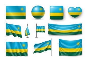 Set Rwanda flags, banners, banners, symbols, realistic icon. Vector illustration of collection of national symbols on various objects and state signs