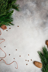 Christmas fir tree on wooden board background with copy space