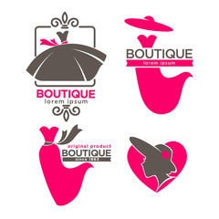 Dress boutique or fashion dress and hat atelier salon vector icons set