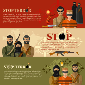 Terrorism banner. taking hostages global threat world terror group terrorists vector. Stop terror concept
