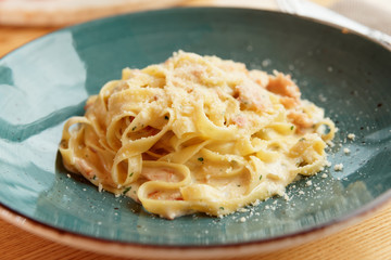 Pasta carbonara in plate, close-up