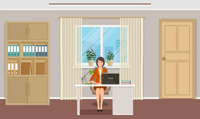 Woman office employee sitting on working place at the table with laptop. Business worker character in office interior.