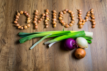 Fresh onions. Onions background. top view, place for the text