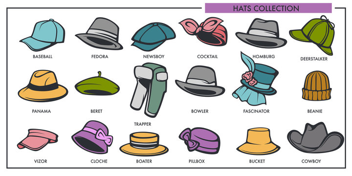Woman and man hats models collection of retro and modern fashion type vector isolated icons