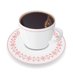 photorealistic white ceramic cup with coffee on saucer,3D ceramic cup with coffee on white background,realistic vector.