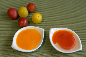 Two egg yolks - orange and red, of hen fed with red peppers. And cherry tomatoes to compare colors.