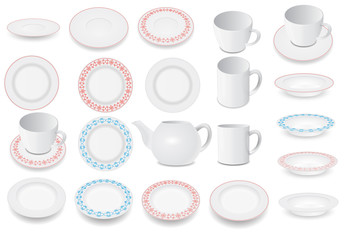 Fototapeta na wymiar Ceramic tableware set on the white background.Plates,kettle,cups.Ceramic tableware with pattern.Vector illustration.