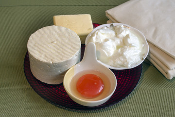 Cheese, butter, egg, yogurt and ready-rolled pastry - products for Balkan pie (banittsa)