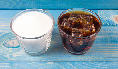 Carbonated drink with ice. The concept of sugar content in sweetened beverages.