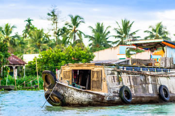 View on trading boat by Can Tho on floating market in Vietnam