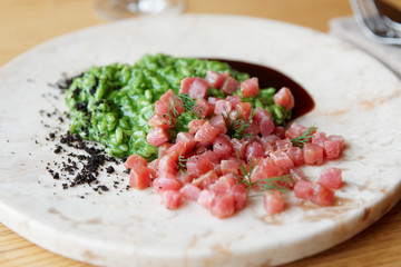 Bluefin tuna fillet, risotto with herbs and teriyaki sauce