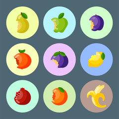 Bitten fruits vector vitamin food and vegetable cut nutrition agriculture bited by tooth fruits stamp delicious snack illustration
