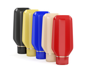 Five plastic bottles for cosmetic products