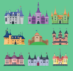 Fototapeta premium Cartoon fairy tale vector castle key-stone palace tower icon knight medieval architecture castle building illustration. Fantasy old fortress kingdom stronghold royal chess