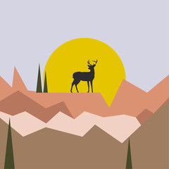 Scandinavian style vector poster: a view of north landscape with a deer and rising sun. Minimalistic illustration of the wildlife morning.