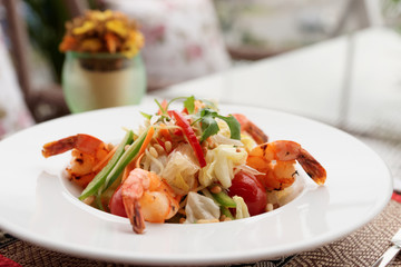 Shrimp starter, light summer dish on table oudoors