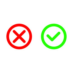 Tick and cross. Test. Choice. Voting button. Green and red check marks. Hand drawn vector signs.