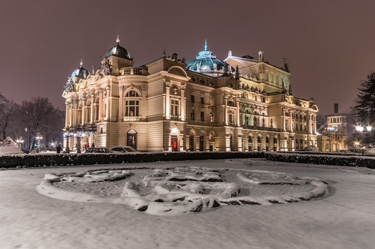 Krakow, Poland, Night Winter View Of City Theater