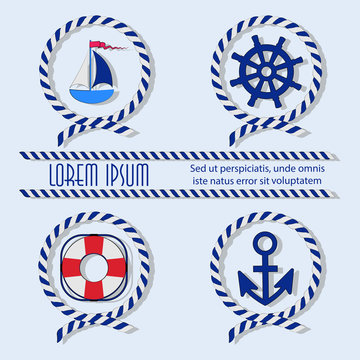 Sailboat, life ring, anchor, helm, sea rope. Set. Emblem. Sticker. Poster with place for text. The concept of maritime navigation, competitions, tourism, recreation, travel. 