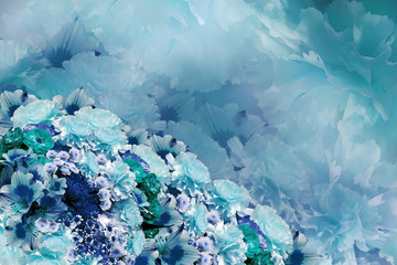 Floral colorful beautiful background. Bouquet of turquoise-blue-white  flowers  Flower composition. Nature.