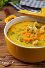Sweet potato soup with chicken and lentils.