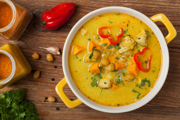 Sweet potato soup with chicken and lentils.