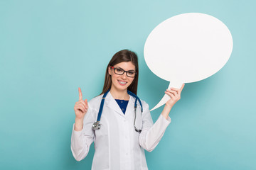 Female doctor with thinking speech bubble