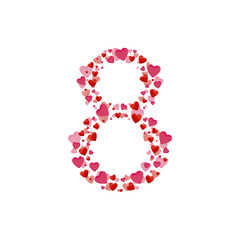 Vector realistic isolated symbol for 8 March with hearts for decoration and covering on the white background. Concept of Happy Women's Day.