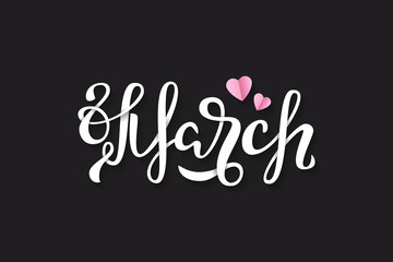 Vector realistic isolated lettering for 8 March with pink origami hearts for decoration and covering. Concept of Happy Women's Day.