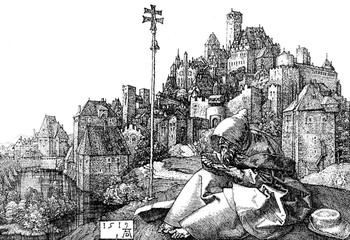 St. Antony the Hermit, in background a Medieval german city landscape. Reproduction of an engraving of Albrecht Duerer, year 1519