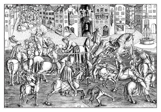 Tournament in München at the presence of Albrecht IV of Bavaria. Reproduction from an engraving of Matthaeus Zafinger, year 1500