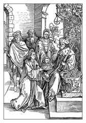 Poet and humanist scholar Conrad Celtis offers his works to Holy Roman Emperor Friedrich III, reproduction from an engraving of Albrecht Duerer year 1501