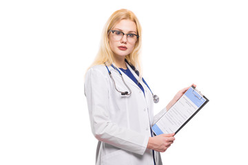 Woman doctor with stethoscope and clipboard