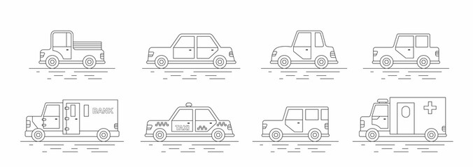  Car icons set. Linear style. Vector illustration