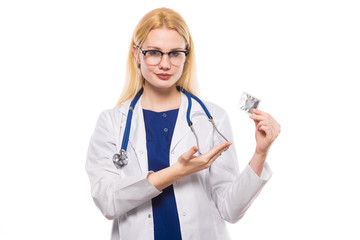 Woman doctor with stethoscope hold condom