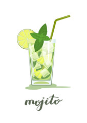 Glass of mojito cocktail with mint and straw and handwriting Mojito. Vector illustration isolated on white background