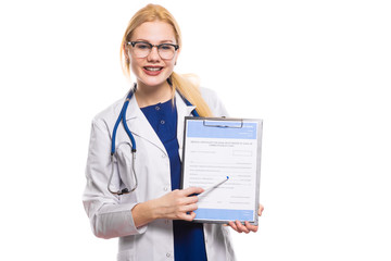 Woman doctor in white coat with clipboard