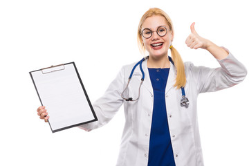 Woman doctor in white coat with clipboard