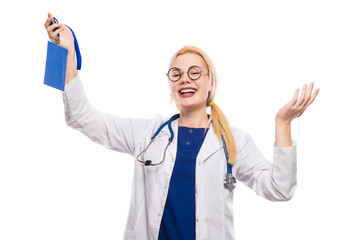 Woman doctor in white coat with badge