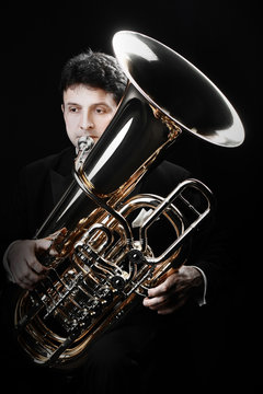Tuba brass instrument. Classical musician  horn player